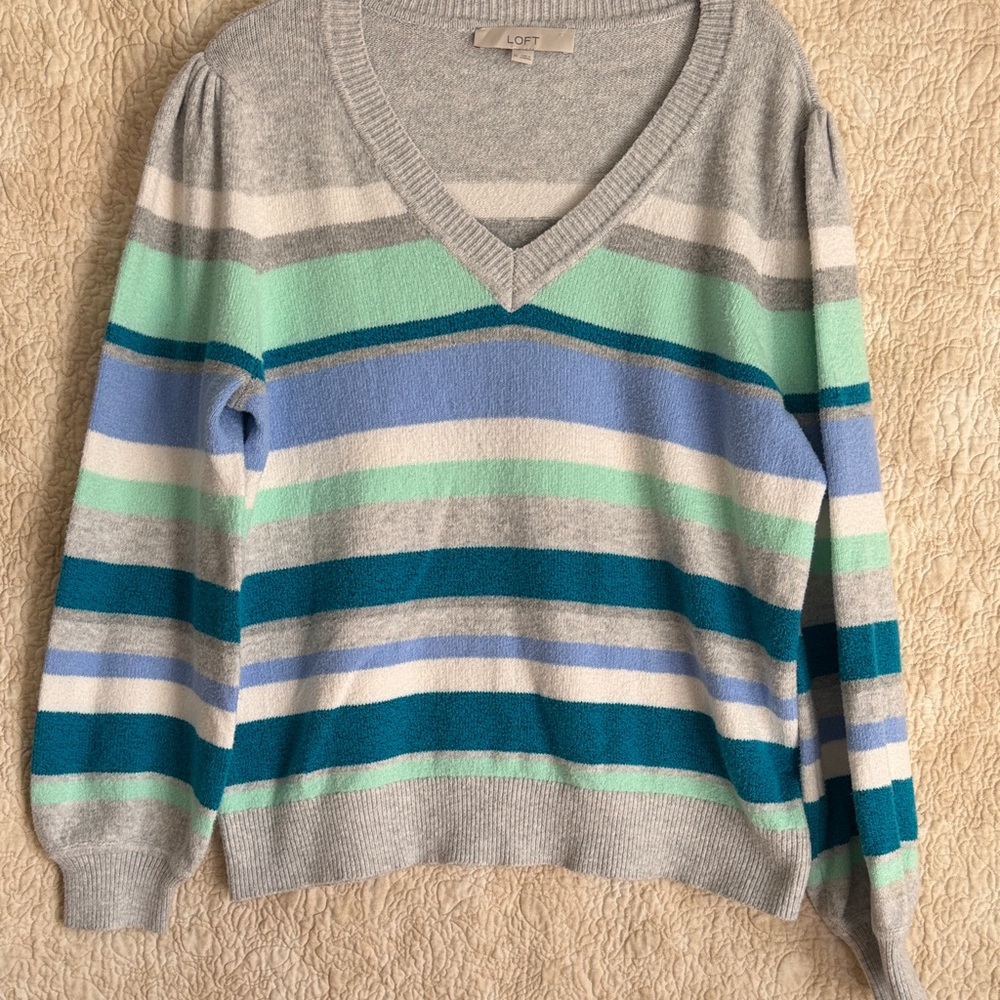 LOFT V-Neck Striped Sweater in Gray, Teal, Mint & Blue
